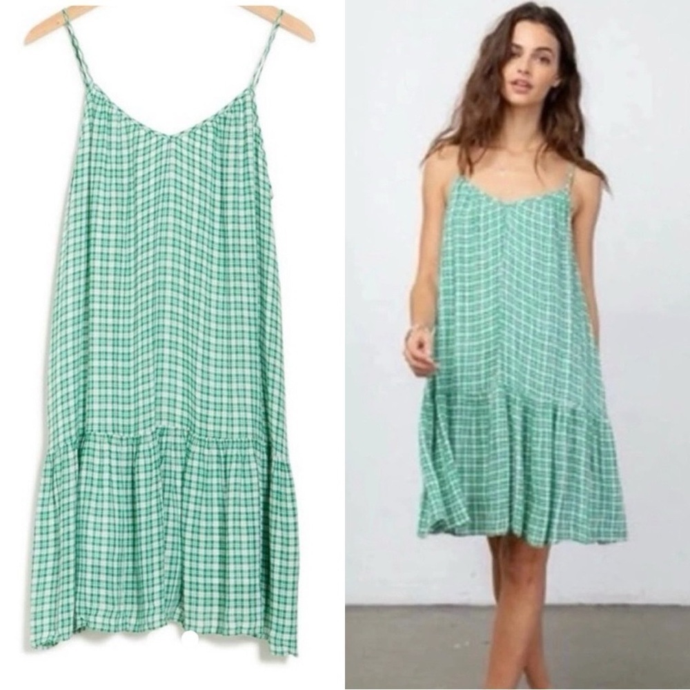 RAILS Ari Plaid Flounce Hem Gigham Green Mini Dress Sz XS